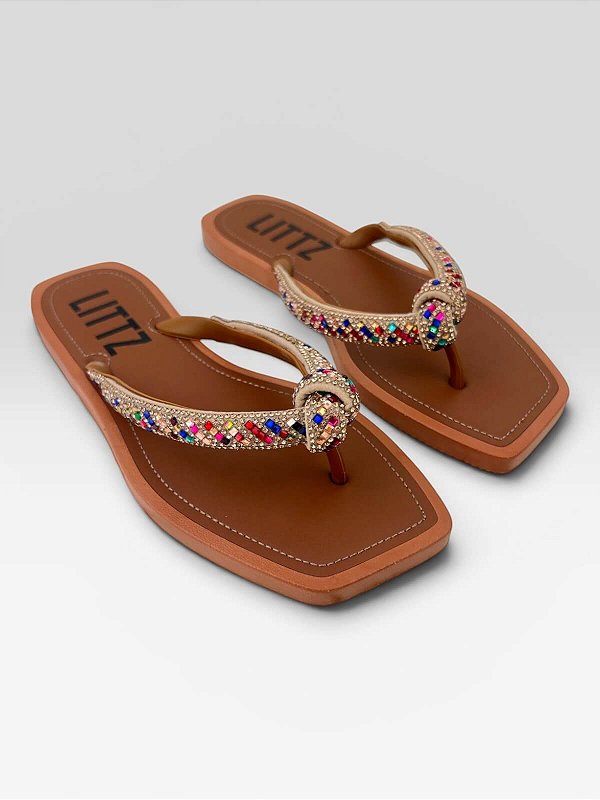 Chinelo Feminino Littz Com Strass Colorido Caramelo