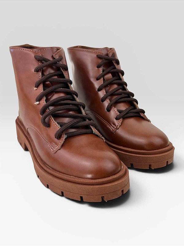 Bota Coturno Feminina Tratorada Com Cadarço  Marrom Claro