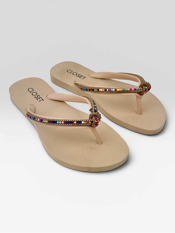 Chinelo Feminino Casual Com Tiras Coloridas  Bege/Mt38