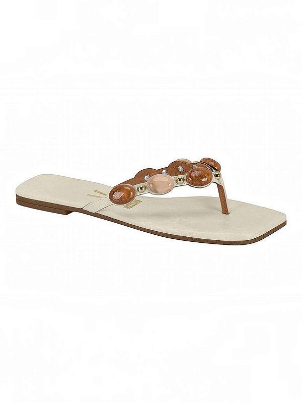 Sandalia Rasteira Feminina Casual Com Aplicações Decorativas  Branco Off