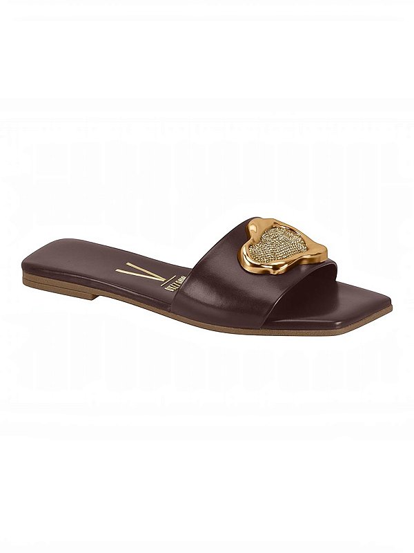 Sandalia Rasteira Feminina Slide Casual Com Aplicação Metalizada Cacau