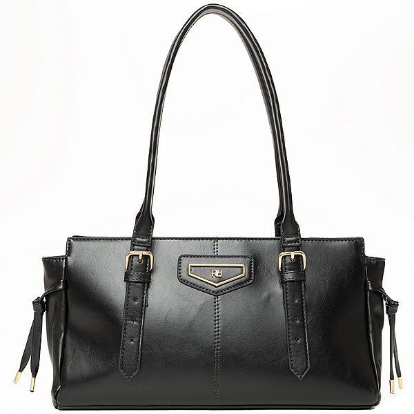 Bolsa Feminina Rafitthy De Ombro Preta Estruturada Com Fivelas E Detalhes Dourados Preto