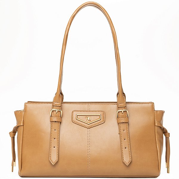 Bolsa Feminina Rafitthy De Ombro Preta Estruturada Com Fivelas E Detalhes Dourados Ligth Tan