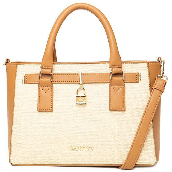 Bolsa Rafitthy De Mão E Transversal Bicolor Com Cadeado E Alça Removível Caramelo/Natural