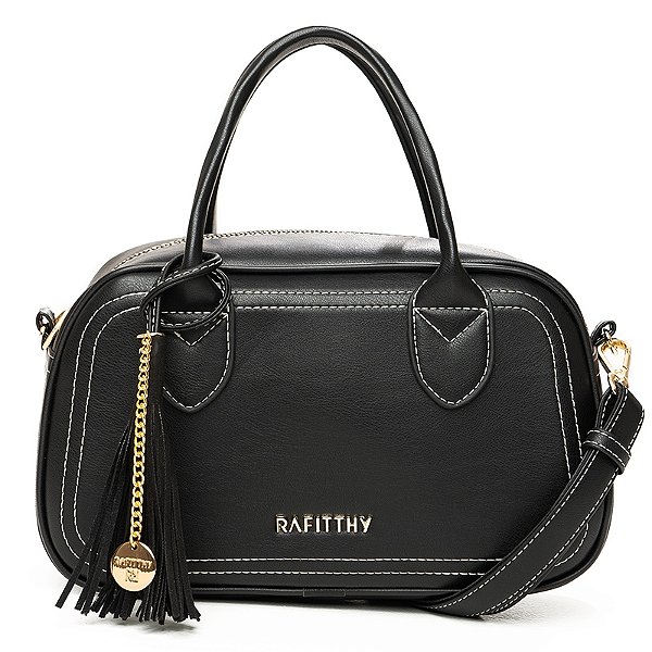 Bolsa Feminina Rafitthy Baú De Mão E Transversal Com Costura Pesponto E Tassel Preto