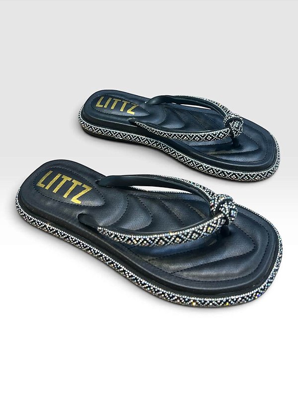 Chinelo Feminino Com Detalhes Em Strass Preto/Mt34