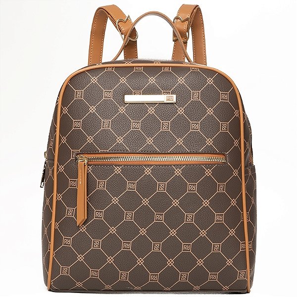 Mochila Feminina Rafitthy Casual Com Estampa Monograma Bolso Frontal E Alças Ajustáveis Dark Cacau/Ambar