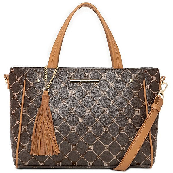 Bolsa Rafittthy Com Estampa Monograma Tassel E Alça Tiracolo Dark Cacau/ Caramelo