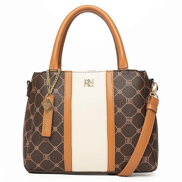 Bolsa Feminina Rafitthy De Mão Com Alças Duplas Costura Decorativa E Pingente Darck Cacau/Ambar