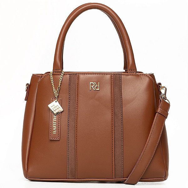 Bolsa Feminina Rafitthy De Mão Com Alças Duplas Costura Decorativa E Pingente Tiramissu/Terra