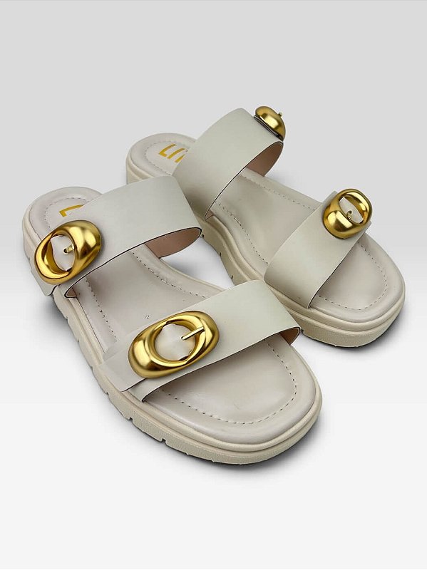 Tamanco Littz Feminino Plataforma Com Fivela Metalizada  Off White/Ouro Fosco