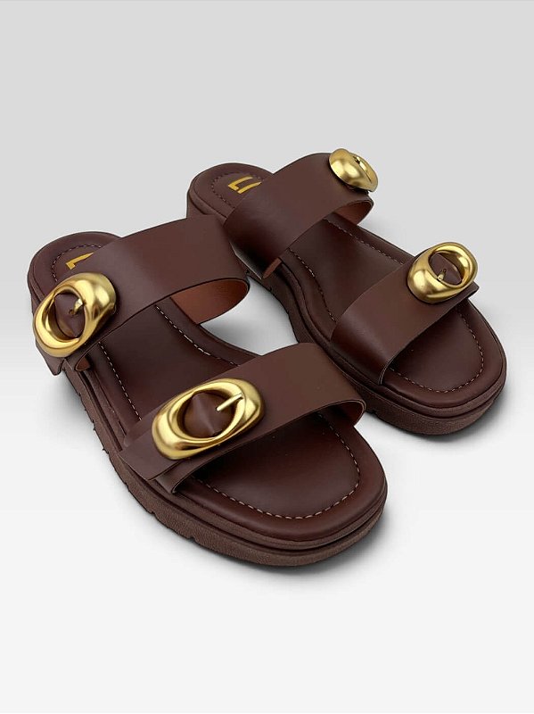 Tamanco Littz Feminino Plataforma Com Fivela Metalizada  Terra/Ouro Fosco