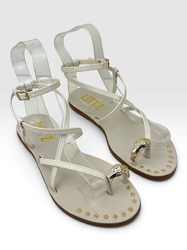 Sandália Rasteira Feminina Com Tiras Finas E Detalhe Metalizado  Off White/Ouro