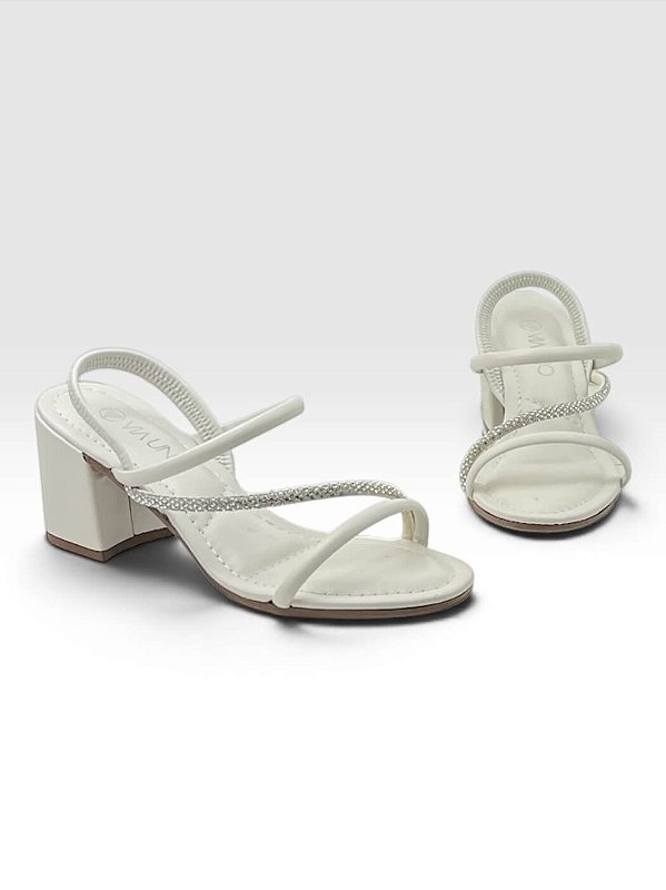 Sandália Via Uno Feminina De Salto Bloco Com Tiras Delicadas  Off White/Prata