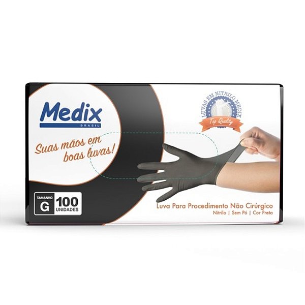 LUVA NITRILICA S/PO PRETA TAM M 100UN - MEDIX