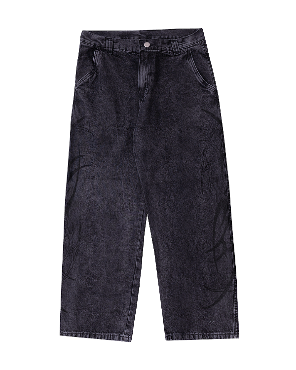 Calça Jeans Baggy Preto Estonada Estampada
