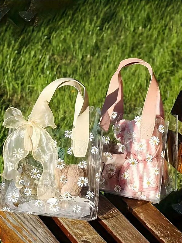 Bolsa Transparente com Flores P cor bege