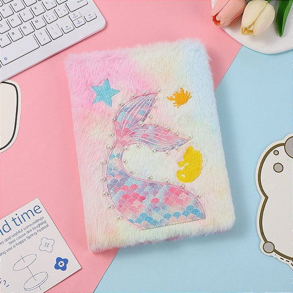 Caderno Capa Em Pelúcia Calda Sereia Kawaii Premium 96