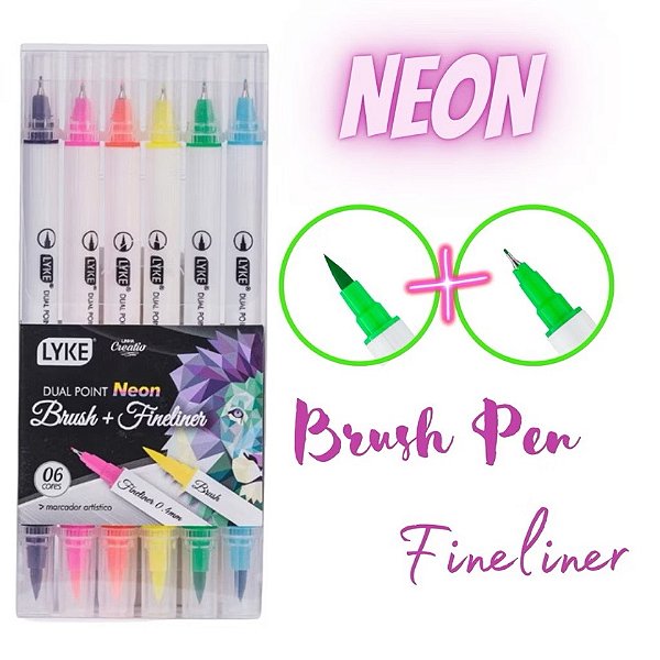 Caneta Brush + fineliner 6 cores NEON - LYKE