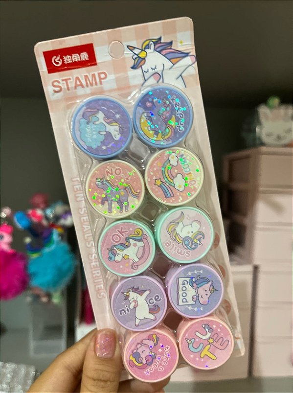 KIT COM 10 Carimbos de Unicórnio Coloridos