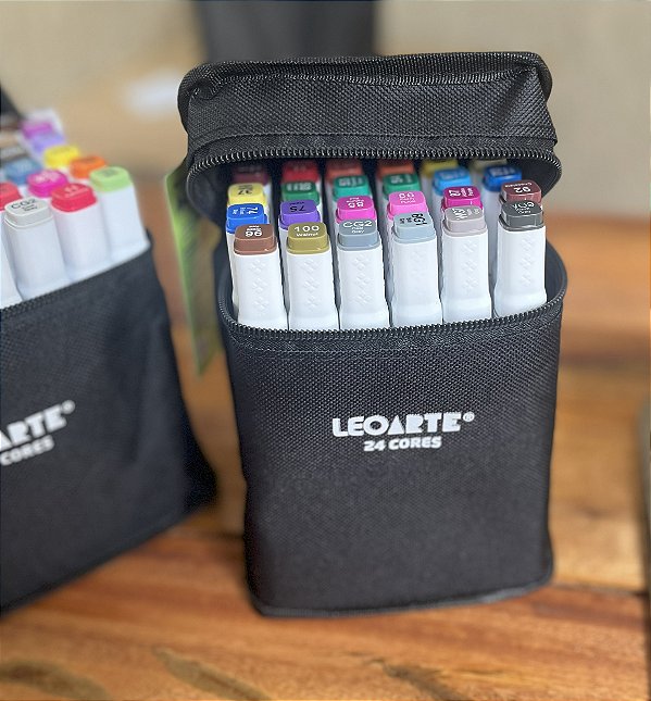 MARCADOR DUAL TIP PROFISSIONAL E ARTÍSTICO - ESTOJO TECIDO C/ 24 CORES LEOARTE