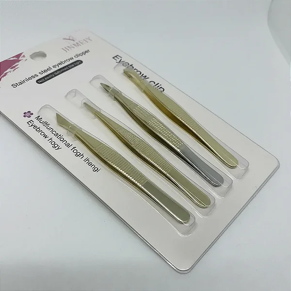 Kit 4 Pinças Sobrancelha Profissional Douradas Aço Inox