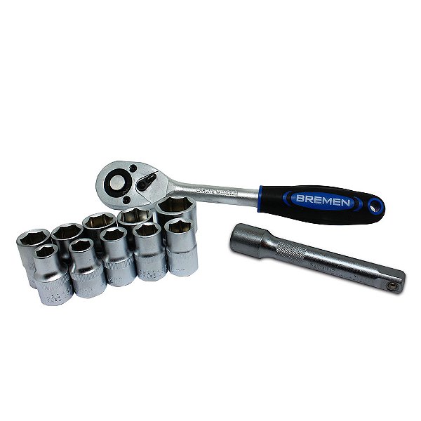 KIT CHAVE CATRACA ½" AÇO CROMO VANADIO 12 PEÇAS SOQUETES SEXTAVADOS BREMEN 9779