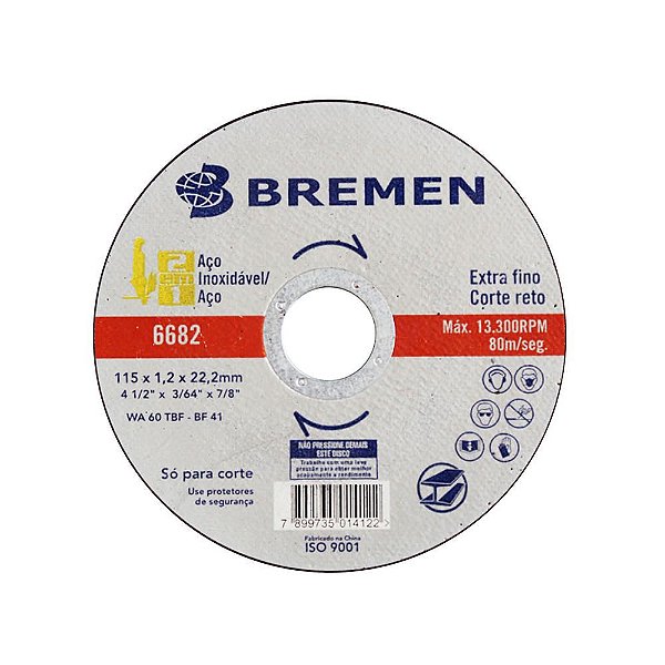 DISCO DE CORTE 2 TELAS EXTRA FINO 4 ½" Ø 1,2MM BREMEN 6682