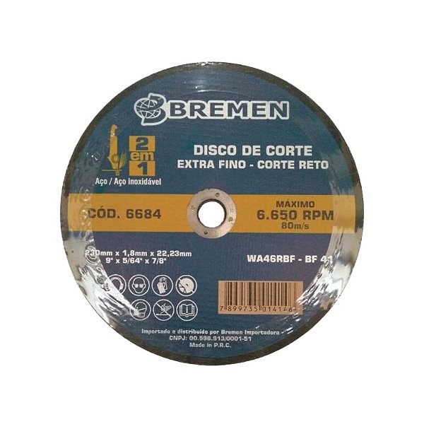 DISCO DE CORTE 2 TELAS EXTRA FINO 9" Ø 1,8MM BREMEN 6684