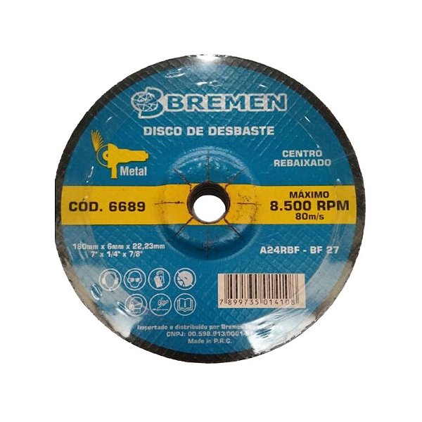 DISCO DE DESBASTE 7" Ø 6MM BREMEN 6689