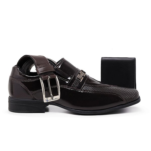 Kit Sapato Masculino Social Cinto E Carteira Sintético Envernizado Schiareli 836
