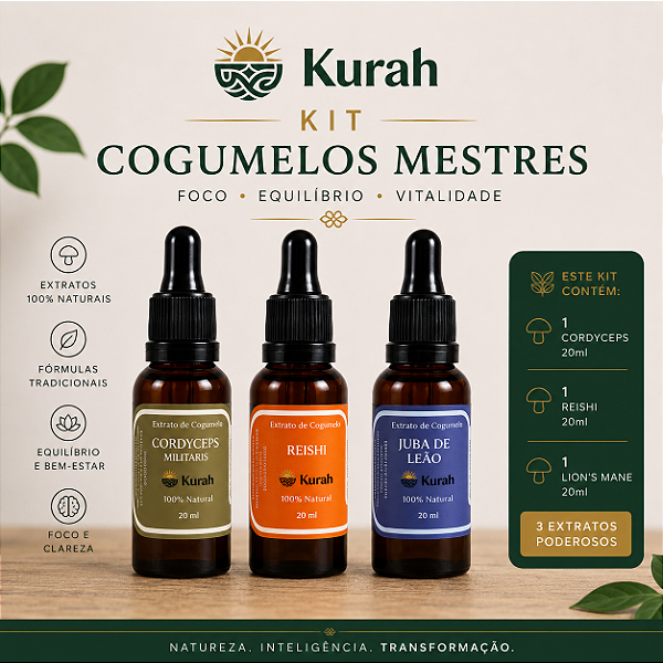 Kit Extrato - Cogumelos Mestres - Cordyceps • Reishi • Lion's Mane