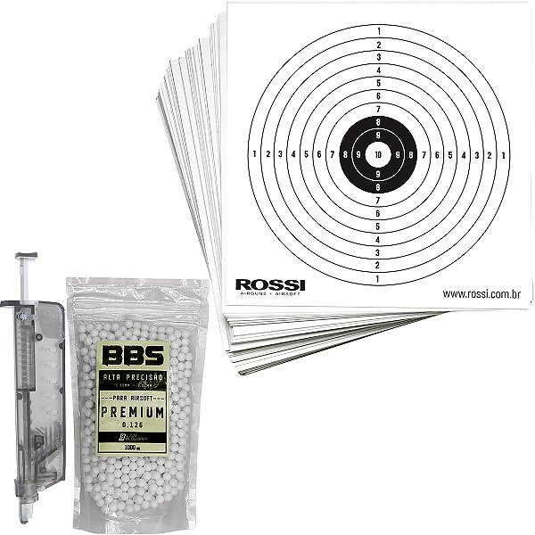 Alvos Rossi 50 un 14x14cm + Munição 12g 1000 un + Carregador
