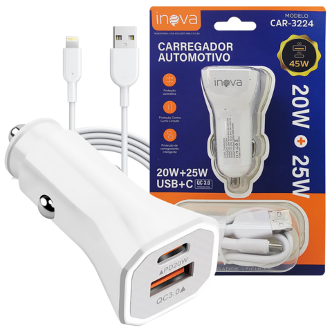 Carregador Veicular Turbo 45W com Cabo para iPhone - Inova CAR-3224A