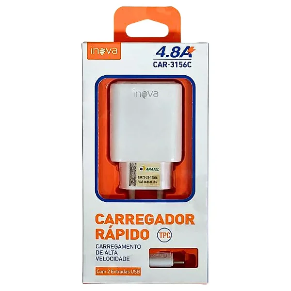 Carregador Rápido Inova CAR-3156C com 2 Entradas USB e Cabo Type C