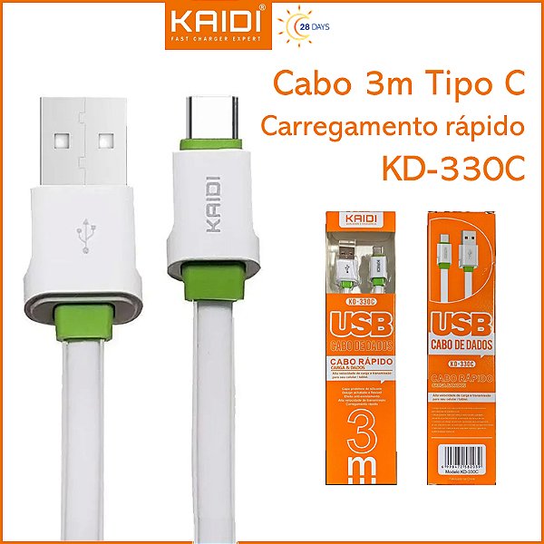 Cabo Kaidi KD-330C Tipo-C para USB 3m - Carregamento Rápido