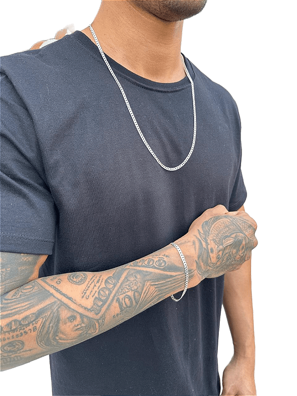 Kit Conjunto Masculino de Prata 925 Legitima Grumet Escama 70cm 3mm + Pulseira 21cm