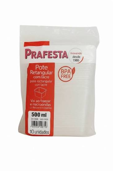 POTE C/LACRE RETANGULAR PP 500ML C/TAMPA PRAFESTA (FREEZER/MICRO) KIT
