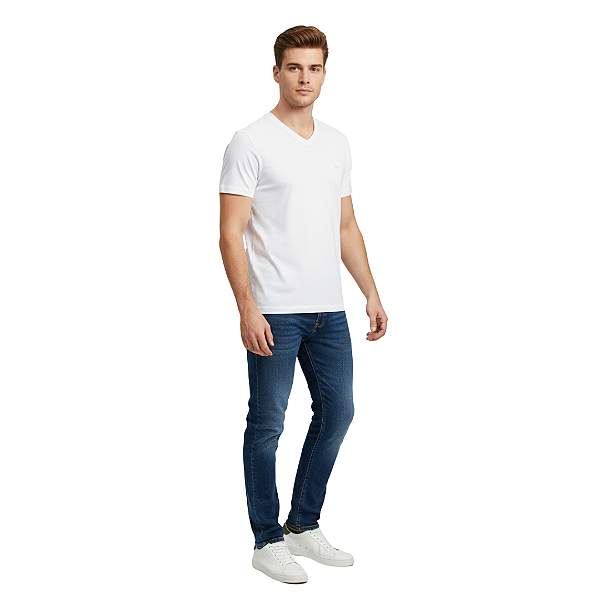 Camiseta Ogochi Decote V Slim Manga Curta Branca