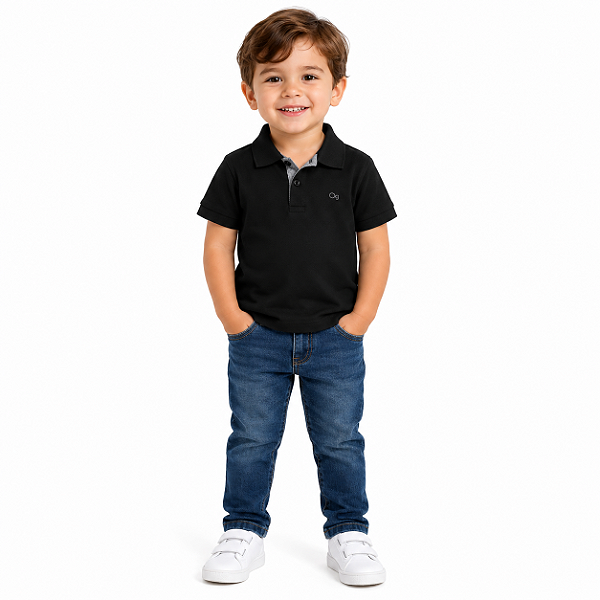 Camisa Gola Polo Ogochi Infantil Juvenil Slim Preta