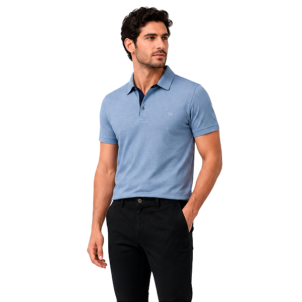 Camisa Gola Polo Ogochi Masculina Casual Azul Claro Mescla
