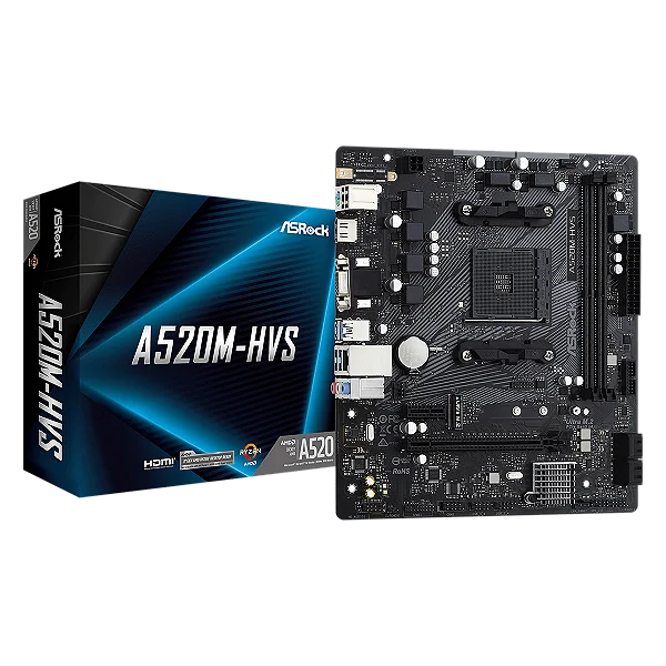 Placa Mãe ASRock A520M-HVS, A520, AMD AM4, mATX, DDR4, 90-MXBE60-A0UAYZ