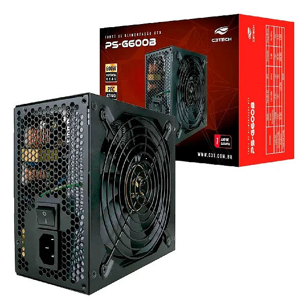 Fonte C3Tech Gamer ATX, 600W, 80 Plus Bronze, PFC Ativo, Bivolt Automático, PS-G600B