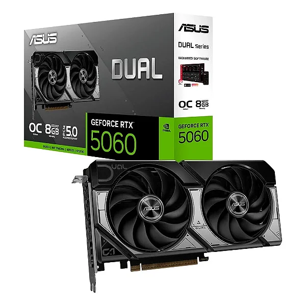 Placa de Vídeo ASUS DUAL RTX 5060 O8G NVIDIA GeForce, 8GB GDDR7, 2565MHz, 128 bits, OpenGL 4.6, DLSS 4, Ray Tracing