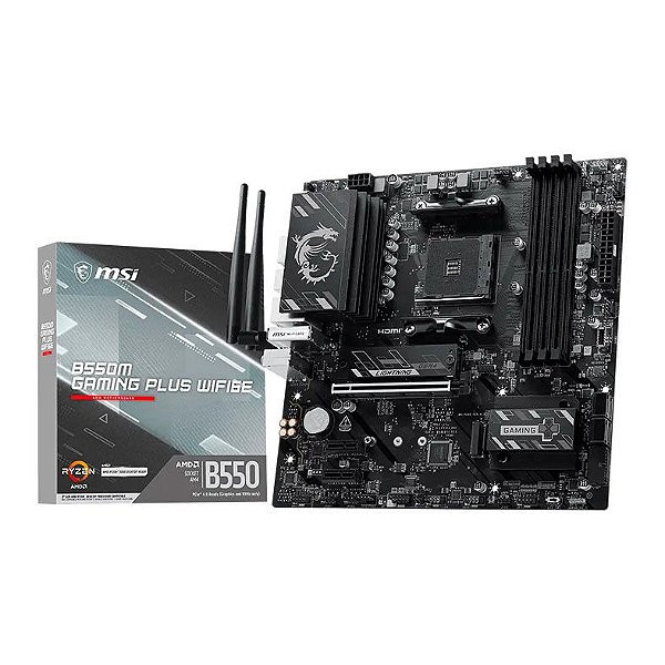 Placa-Mãe MSI B550M Gaming Plus WiFi6E, AMD AM4, Micro ATX, DDR4, Wi-Fi 6E, Bluetooth 5.2, Preto e Prata - B550M