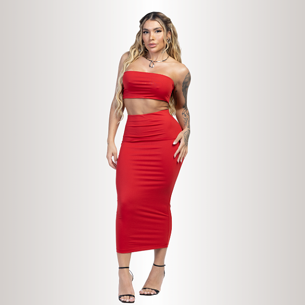 CONJUNTO SAIA E TOP FAIXA VERMELHO