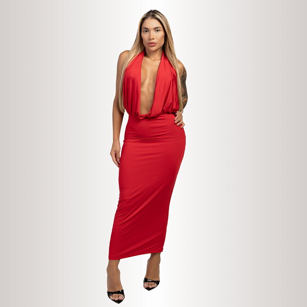 VESTIDO GOLA BOBA MIDI VERMELHO