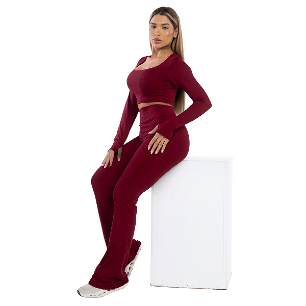 CONJUNTO CROPPED MANGA LONGA E LEGGING FLARE MARSALA