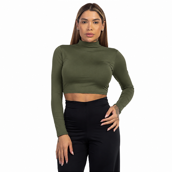 CROPPED MANGA LONGA GOLA ALTA VERDE MILITAR