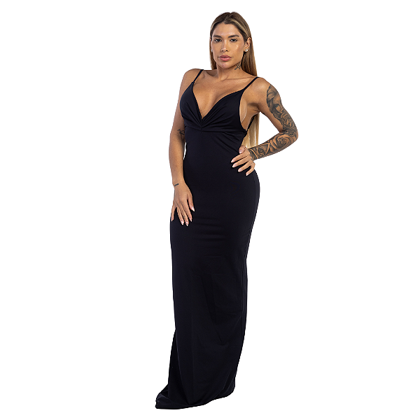VESTIDO AYLA LONGO DRAPEADO PRETO